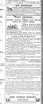 Pony Express Ad (Sacramento Union, May 21, 1860, p. 4) image. Click for full size.