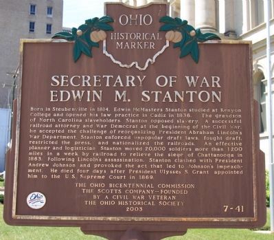 Secretary of War Edwin M. Stanton Marker. Click for full size. Secretary of War Edwin M. Stanton Marker image. Click for full size.