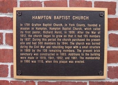 Hampton Baptist Church Marker image. Click for full size.