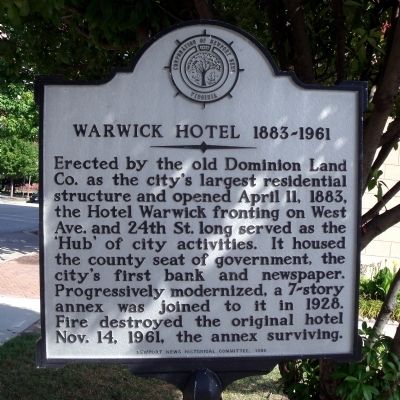 Warwick Hotel 1883-1961 Marker image. Click for full size.