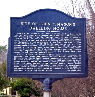 Side 1: Site of John C. Mason's Dwelling House Marker image. Click for full size.