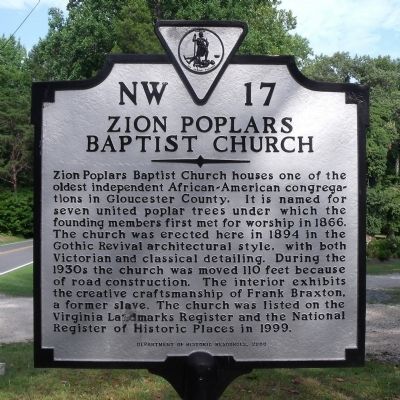 Zion Poplars Baptist Church Marker. Click for full size. Zion Poplars Baptist Church Marker image. Click for full size.