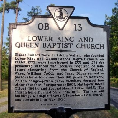 Lower King and Queen Baptist Church Marker image. Click for full size.