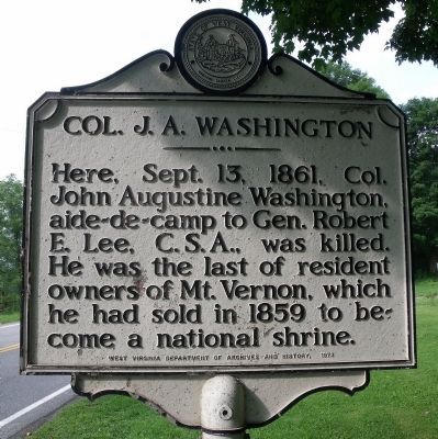 Col. J. A. Washington Marker. Click for full size. Col. J. A. Washington Marker image. Click for full size.