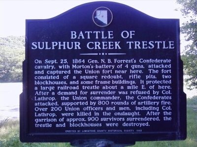 Battle of Sulphur Creek Trestle Marker. Click for full size. Battle of Sulphur Creek Trestle Marker image. Click for full size.