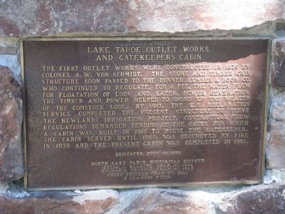 Lake Tahoe Outlet Works and Gatekeepers Cabin Marker image. Click for full size.