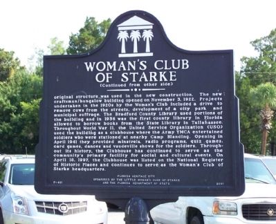 Woman's Club of Starke Marker, reverse side image. Click for full size.