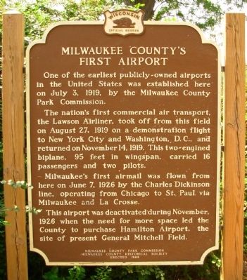 Milwaukee County's First Airport Marker image. Click for full size.