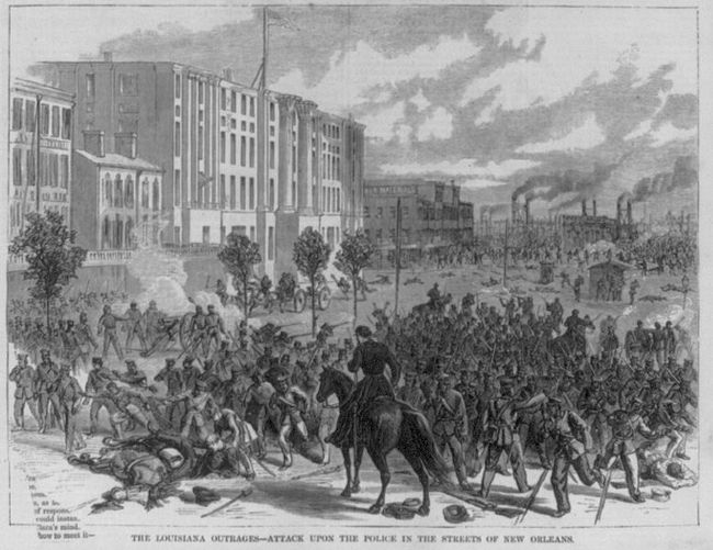 "Louisiana Outrages - Attack upon the police in the streets of New Orleans" - Harper's Weekly, 1874 image. Click for full size.
