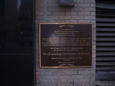DC 37 September 11, 2001 Memorial Marker. Click for full size. DC 37 September 11, 2001 Memorial Marker image. Click for full size.