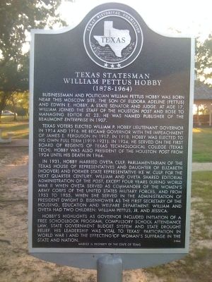 Texas Statesman William Pettus Hobby Marker image. Click for full size.