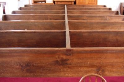 Liberty Methodist Church single board bench backs, a rarity today image. Click for full size.