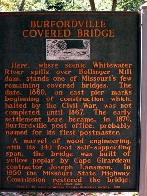 Bollinger Mill/Burfordville Covered Bridge Marker (other side) image. Click for full size.