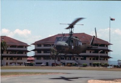 A National Guard UH-1 taking off from Fort Sherman Army Base, Panama. 1991 image. Click for full size.