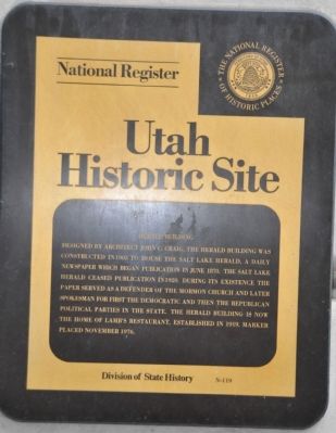 Utah State Historical Society Herald Building Marker image. Click for full size.