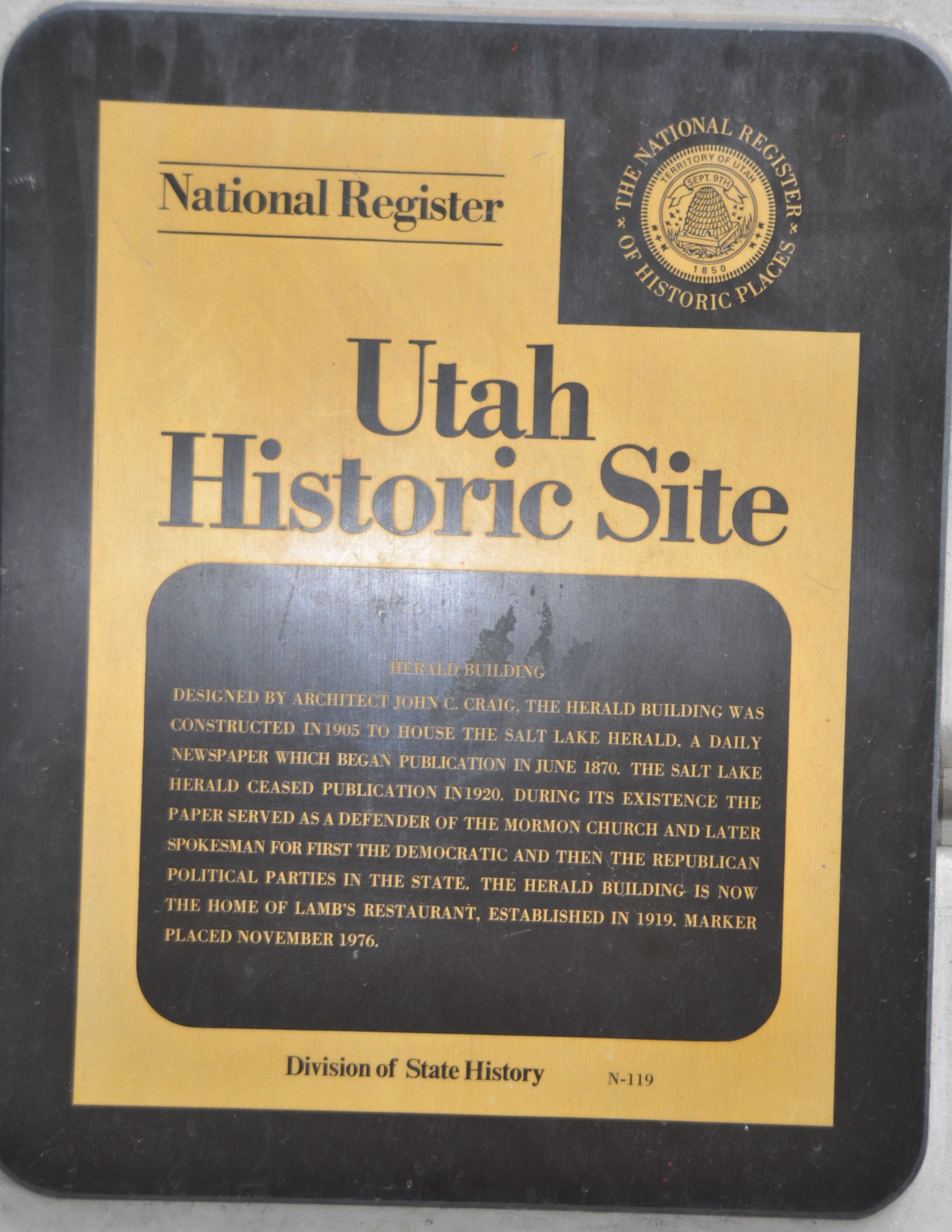 Utah State Historical Society Herald Building Marker