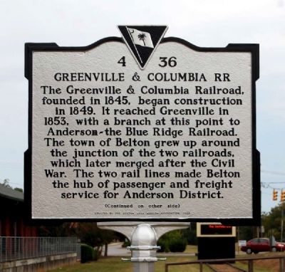 Greenville & Columbia RR Marker image. Click for full size.