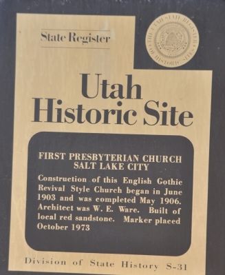 First Presbyterian Church Salt Lake City Marker. Click for full size. First Presbyterian Church Salt Lake City Marker image. Click for full size.