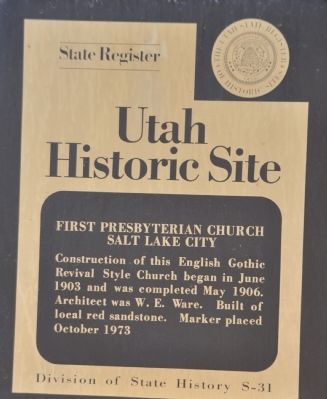 First Presbyterian Church Salt Lake City Marker image. Click for full size.