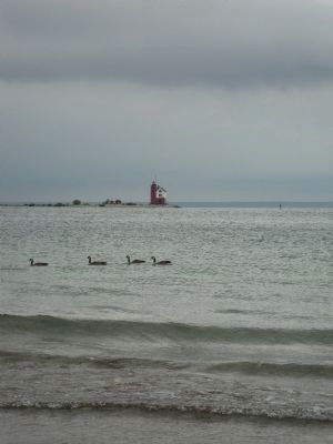 Round Island Lighthouse as seen from Mackinac Island on an overcast day image. Click for full size.