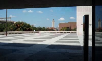 The LBJ Plaza Marker in the shade of the breezeway at right image. Click for full size.