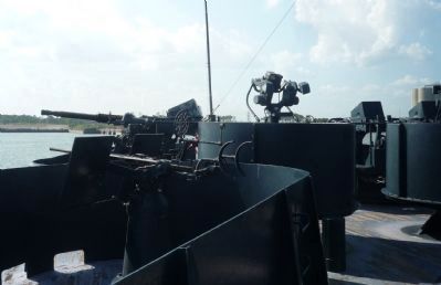 U.S.S. <i>Texas</i> 20 and 40 mm light anti-aircraft guns and fire control director, aft of marker. image. Click for full size.