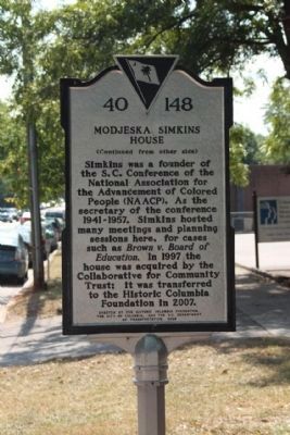 Modjeska Simkins House Marker, reverse side image. Click for full size.