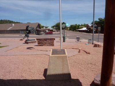 Camp Verde Historic Mail Trail Marker and Nearby Equestrian Statue image. Click for full size.