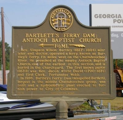 Bartlett's Ferry Dam; Antioch Baptist Church Marker image. Click for full size.