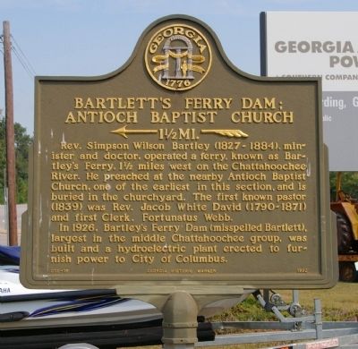 Bartlett's Ferry Dam; Antioch Baptist Church Marker. Click for full size. Bartlett's Ferry Dam; Antioch Baptist Church Marker image. Click for full size.