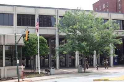 Appalachian Stage Marker, under tree, with Bronze figures at City Auditorium. Click for full size. Appalachian Stage Marker, under tree, with Bronze figures at City Auditorium image. Click for full size.