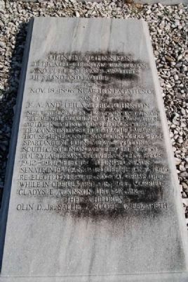 Olin D. Johnston Tombstone<br>Barkers Creek Baptist Church Cemetery image. Click for full size.
