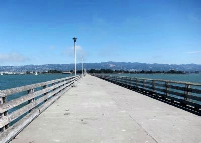 View of the Berkeley Municipal Pier, looking east from the end of the pier. image. Click for full size.