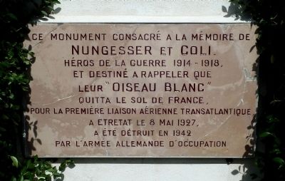 Nungesser and Coli's 1927 Flight Marker image. Click for full size.