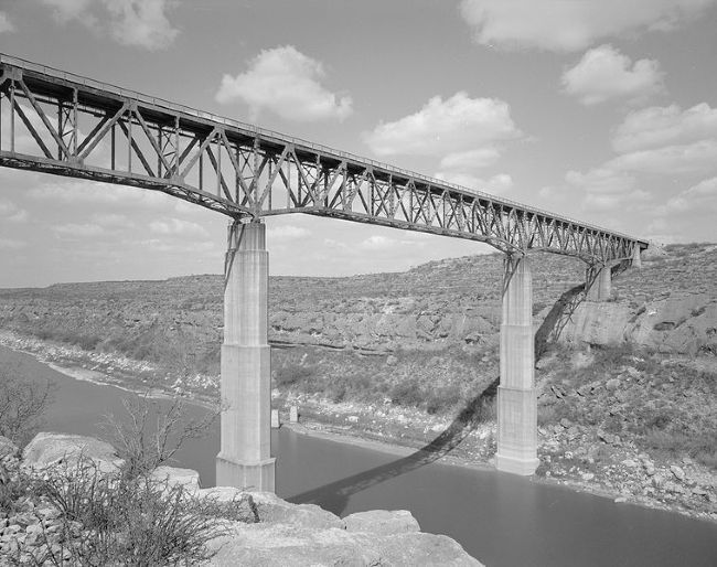 Pecos High Railroad Bridge, opened 1944. Click for full size. Pecos High Railroad Bridge, opened 1944 image. Click for full size.
