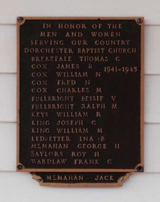 Dorchester Baptist Church World War II<br>Veterans Plaque image. Click for full size.