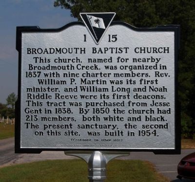 Broadmouth Baptist Church Marker - Front image. Click for full size.
