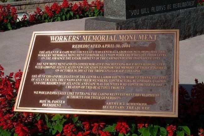 Workers' Memorial Monument - Rededication Plaque - April 30, 2004 image. Click for full size.