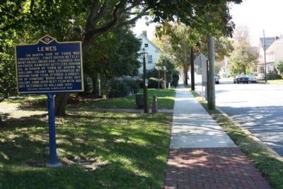 Lewes Marker, looking south along Savannah Road (US 9), sporting new paint in 2010 image. Click for full size.