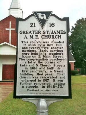 Greater St. James A.M.E. Church Marker (front) image. Click for full size.