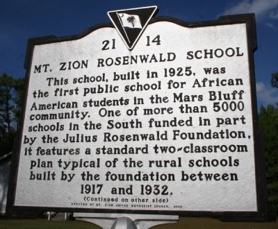Mt. Zion Rosenwald School Marker (front) image. Click for full size.