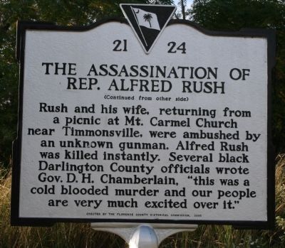The Assassination of Rep. Alfred Rush Marker Reverse image. Click for full size.