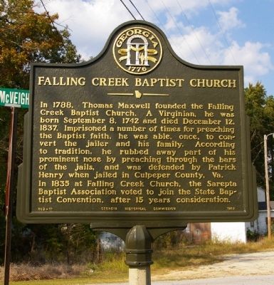 Falling Creek Baptist Church Marker. Click for full size. Falling Creek Baptist Church Marker image. Click for full size.