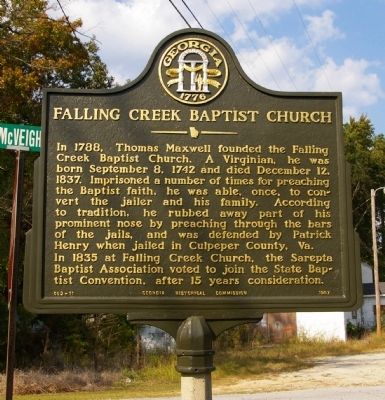 Falling Creek Baptist Church Marker image. Click for full size.