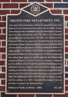 Milton Fire Department, Inc. Marker image. Click for full size.