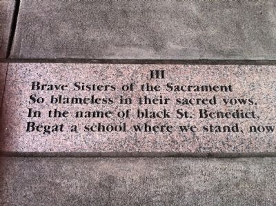Portion of Poem "The Saga of St. Benedict the Moor School" (engraved in sidewalk) image. Click for full size.