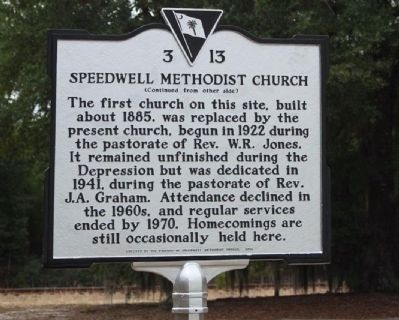 Speedwell Methodist Church Marker, reverse side image. Click for full size.