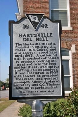 Hartsville Oil Mill Marker (Side A) image. Click for full size.