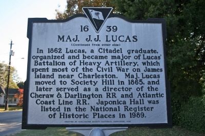 Japonica Hall / Maj. J.J. Lucas Marker (reverse). Click for full size. Japonica Hall / Maj. J.J. Lucas Marker (reverse) image. Click for full size.