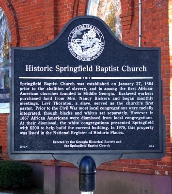 Historic Springfield Baptist Church Marker image. Click for full size.